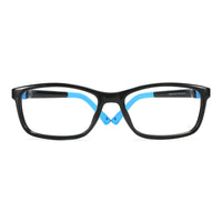 Black eyeglasses with blue hinge detail, rectangular full-rim frames