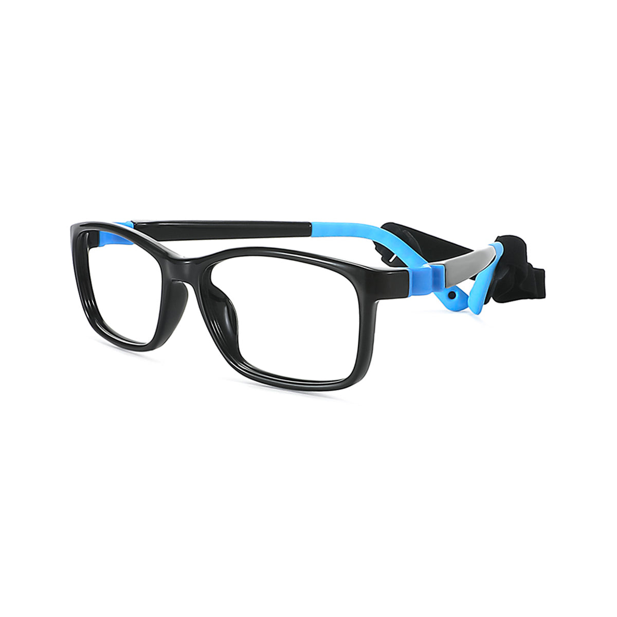 Black eyeglasses frame with blue temples and side hinge detail