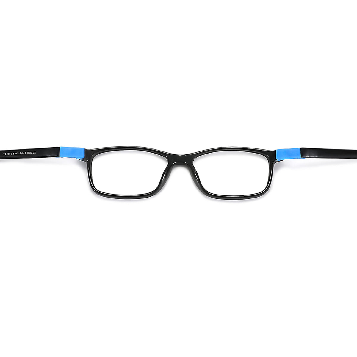 Black full-rim eyeglasses frame with blue hinge accents