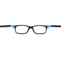 Black full-rim eyeglasses frame with blue hinge accents