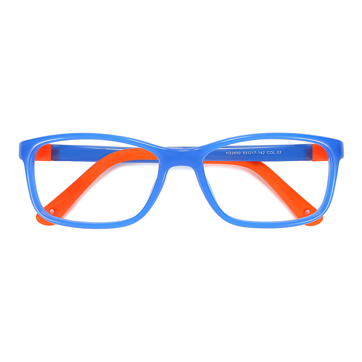 Blue full-rim eyeglasses frame with orange interior accents