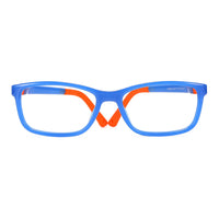 Blue full-rim eyeglasses frame with orange center bow detail