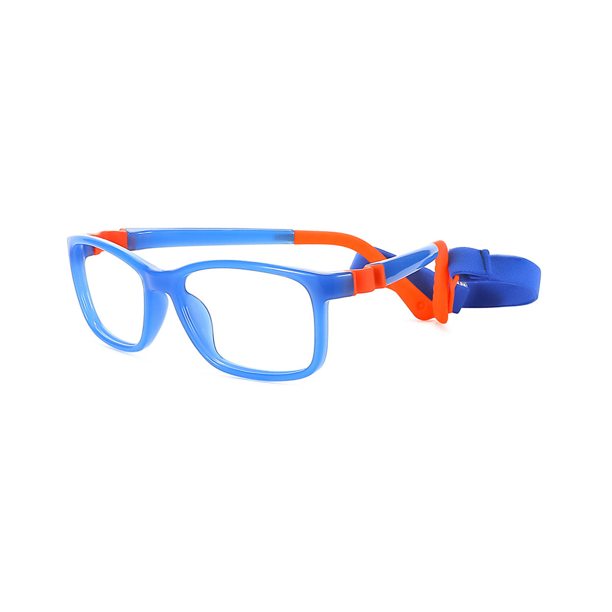 Blue eyeglasses frame with orange hinge strap and matching blue arm