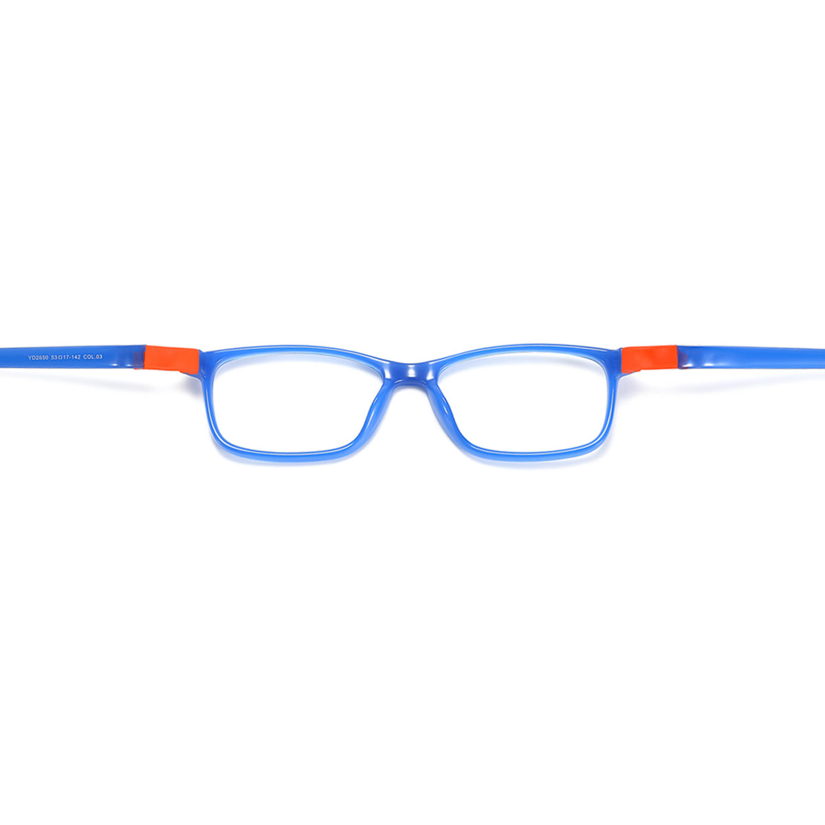 Blue full-rim eyeglasses frame with orange temple tips