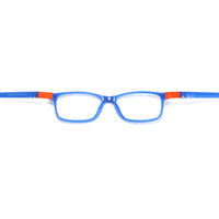 Blue full-rim eyeglasses frame with orange temple tips