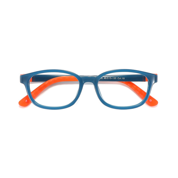 Kids eyeglasses with blue frame and orange accents, bow-shaped center detail.