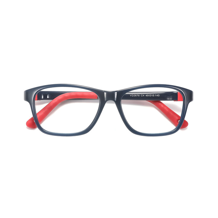 Kids glasses with dark navy frames, red temple tips, clear lenses