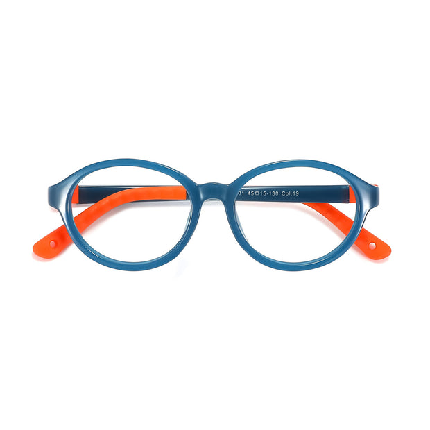 Kids round eyeglasses with blue frame and orange temple tips