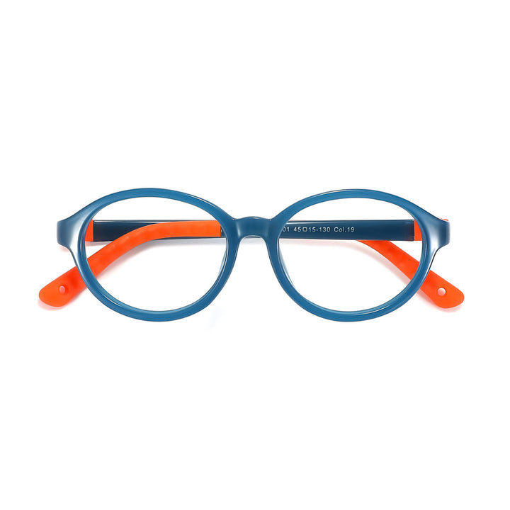 Kids round eyeglasses with blue frame and orange temple tips