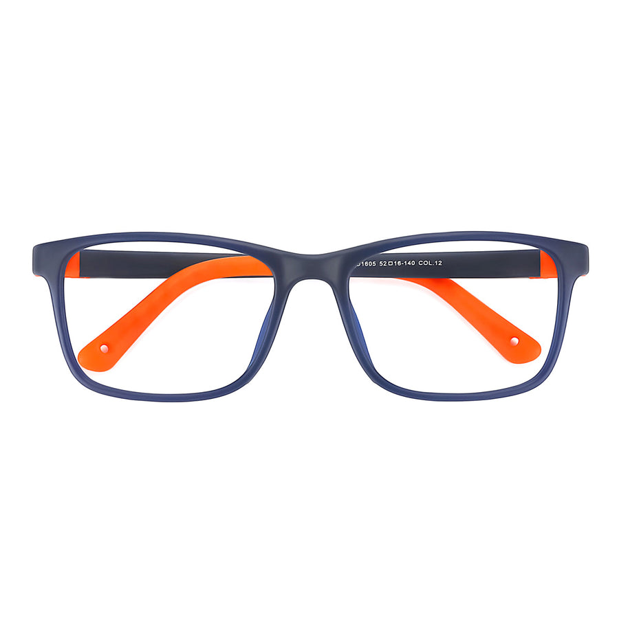 Navy kids eyeglasses with orange detailing on the temples