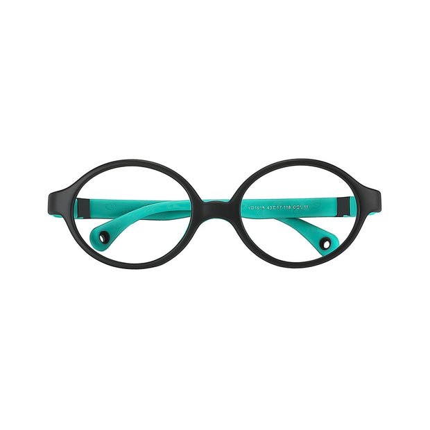 Kids eyeglasses with black frames and turquoise accents, round lenses