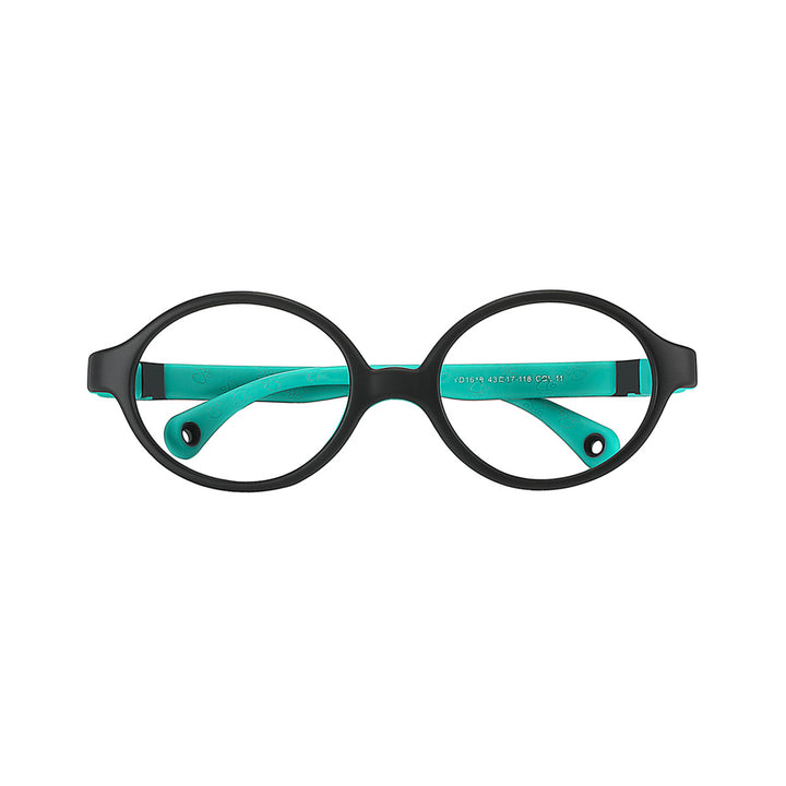 Kids eyeglasses with black frames and turquoise accents, round lenses