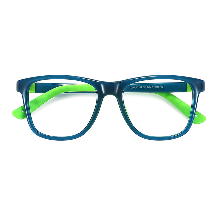Ben eyeglasses, teal-blue frames with neon green side accents