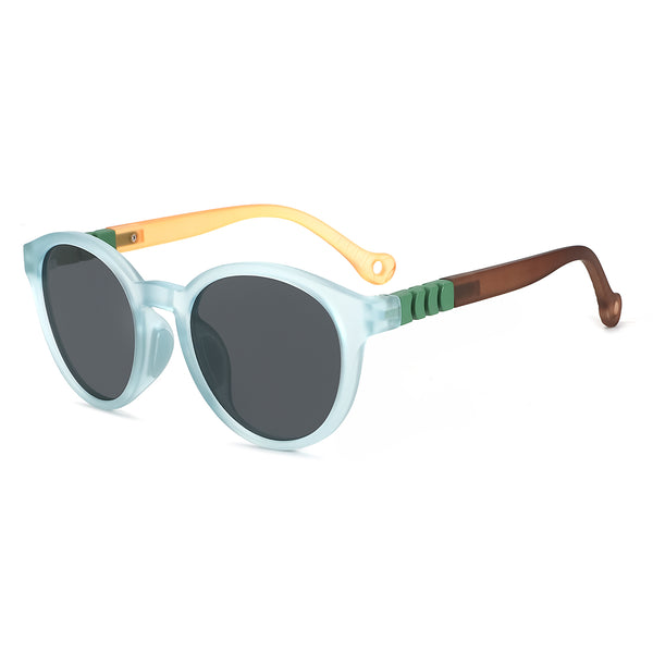 Light blue kids sunglasses with dark round lenses and yellow-orange side arms