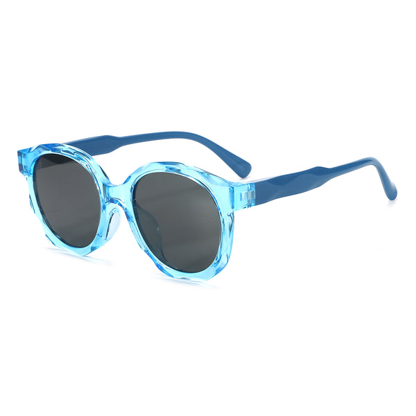 Blue round sunglasses with thick clear frame and dark lenses, curved temples