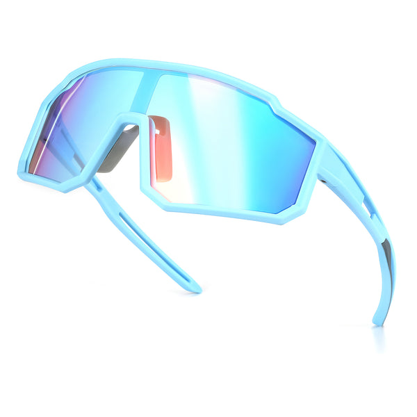 Blue sport sunglasses with wide shield lenses and vented frame