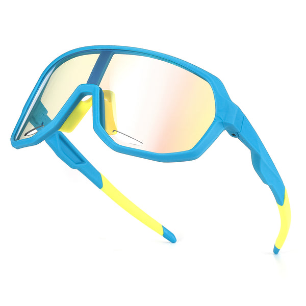 22312 goggles with blue frame and clear lenses, angled side view with yellow temple tips