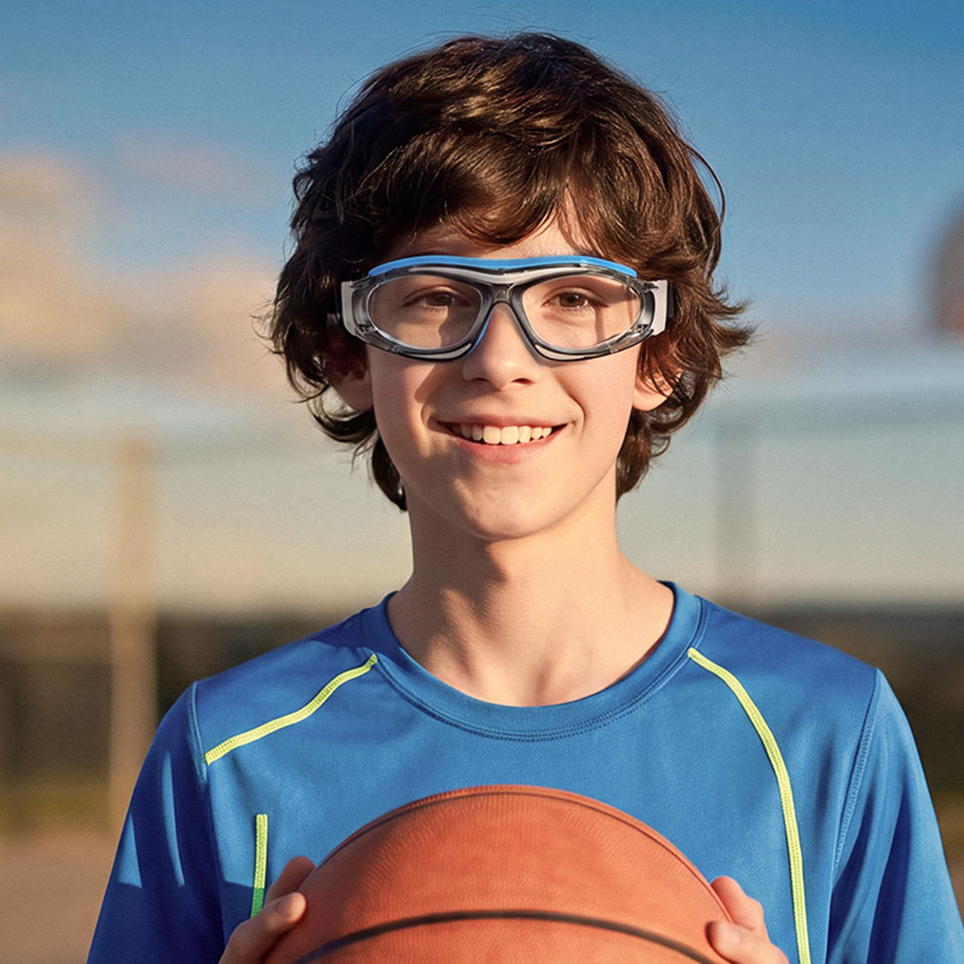 Kids blue sports shirt with neon yellow trim, short sleeves, worn with goggles