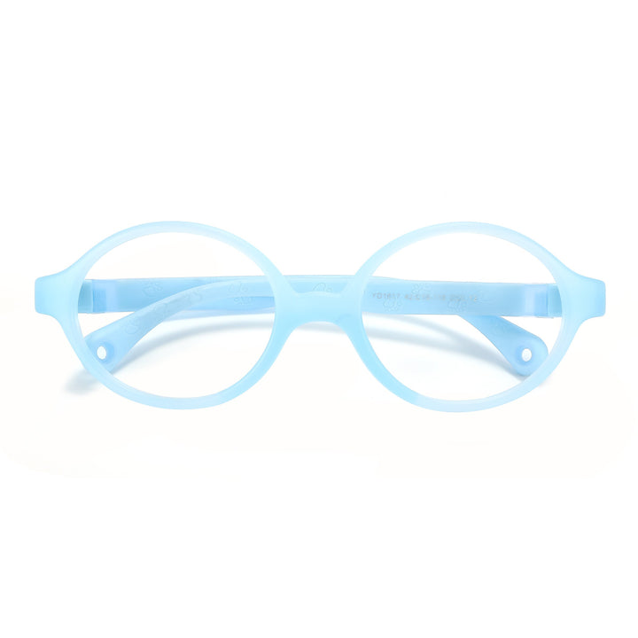 Light blue round eyeglasses with clear lenses, front view