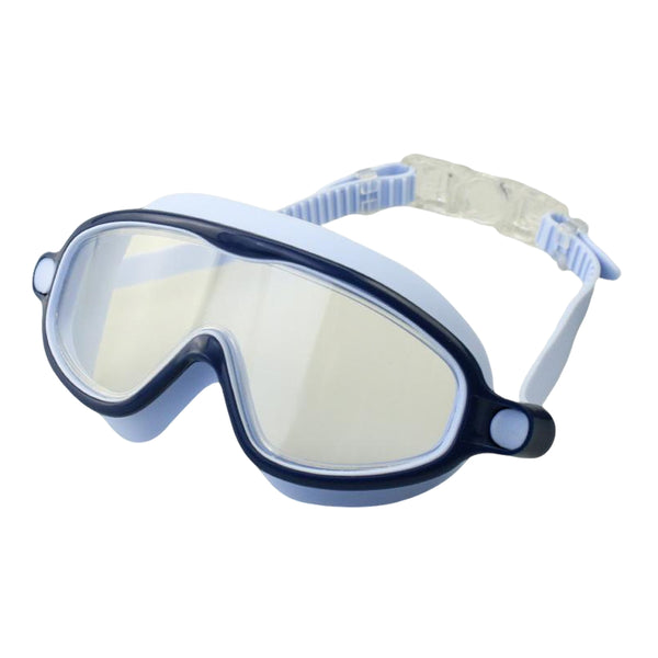 Blue swim goggles with clear tinted lenses and adjustable blue-and-white strap