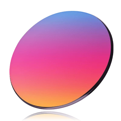 Mirrored polarized sunglasses lens with rose-to-orange gradient tint, black frame edge