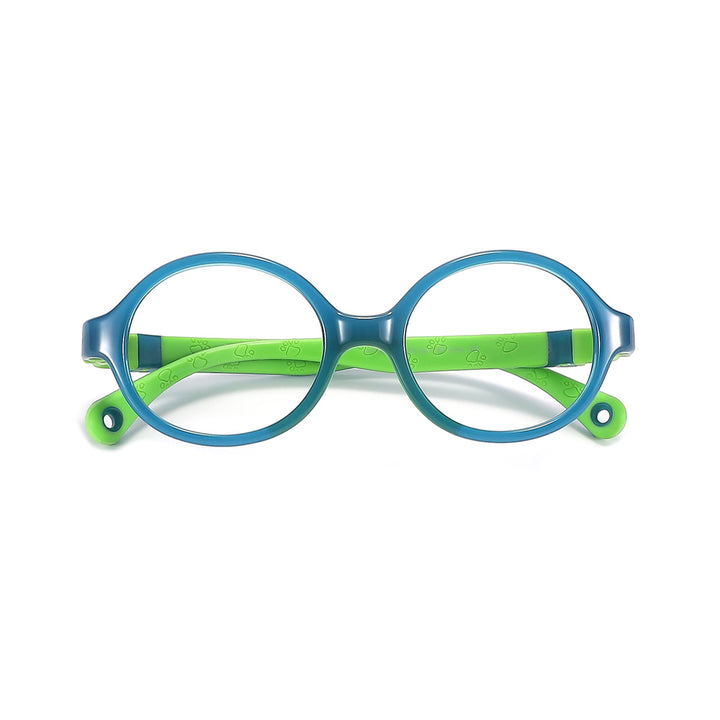 Blue kids round eyeglasses with green nose bridge and striped temple tips