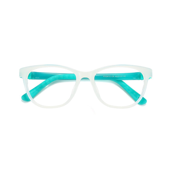 Translucent white eyeglasses with teal hinges and wide rectangular lenses