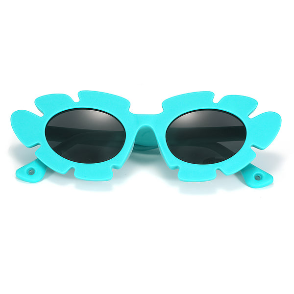 Kids novelty sunglasses with teal frame and large dark oval lenses