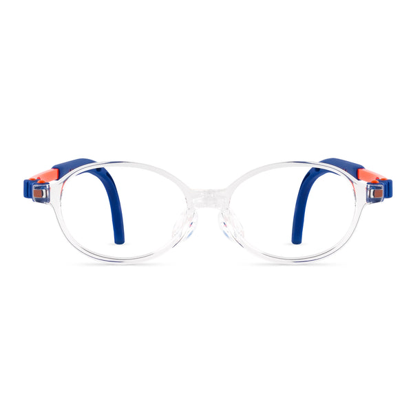 Clear round eyeglasses with blue temple arms and orange end caps, front view