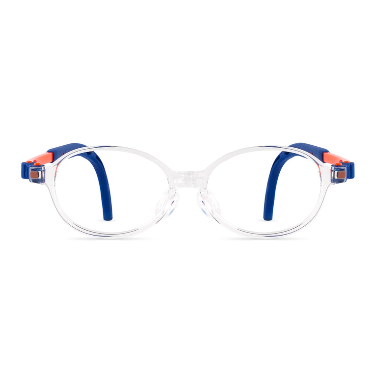 Clear round eyeglasses with blue temple arms and orange end caps, front view