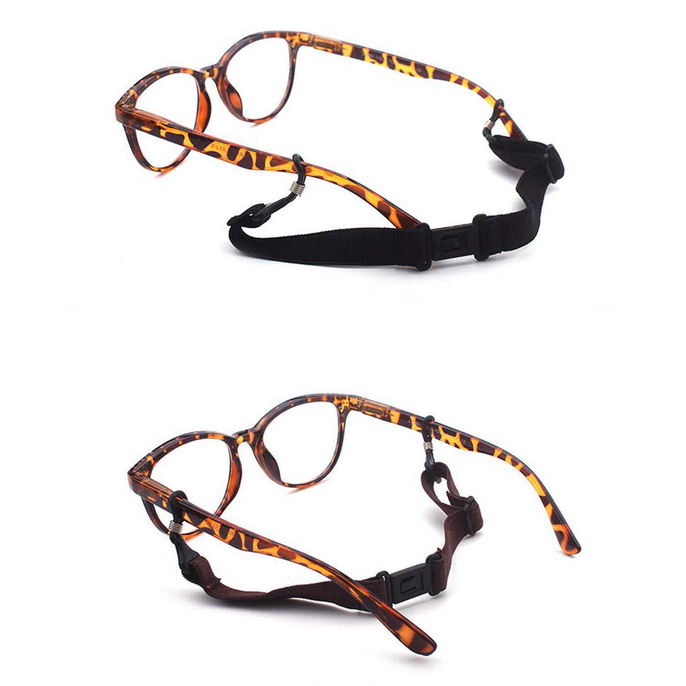 Leopard print sports strap with black adjustable ends and ear loops