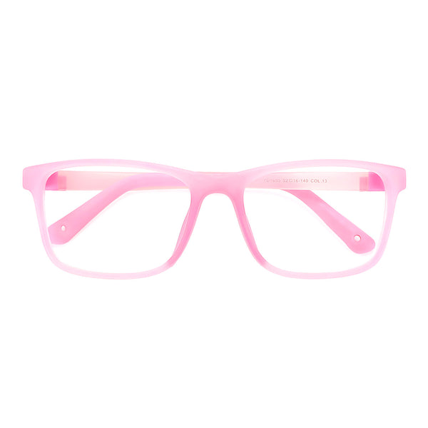 Pink eyeglasses with rectangular frames and translucent finish