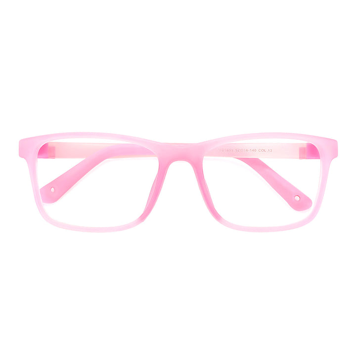 Pink eyeglasses with rectangular frames and translucent finish