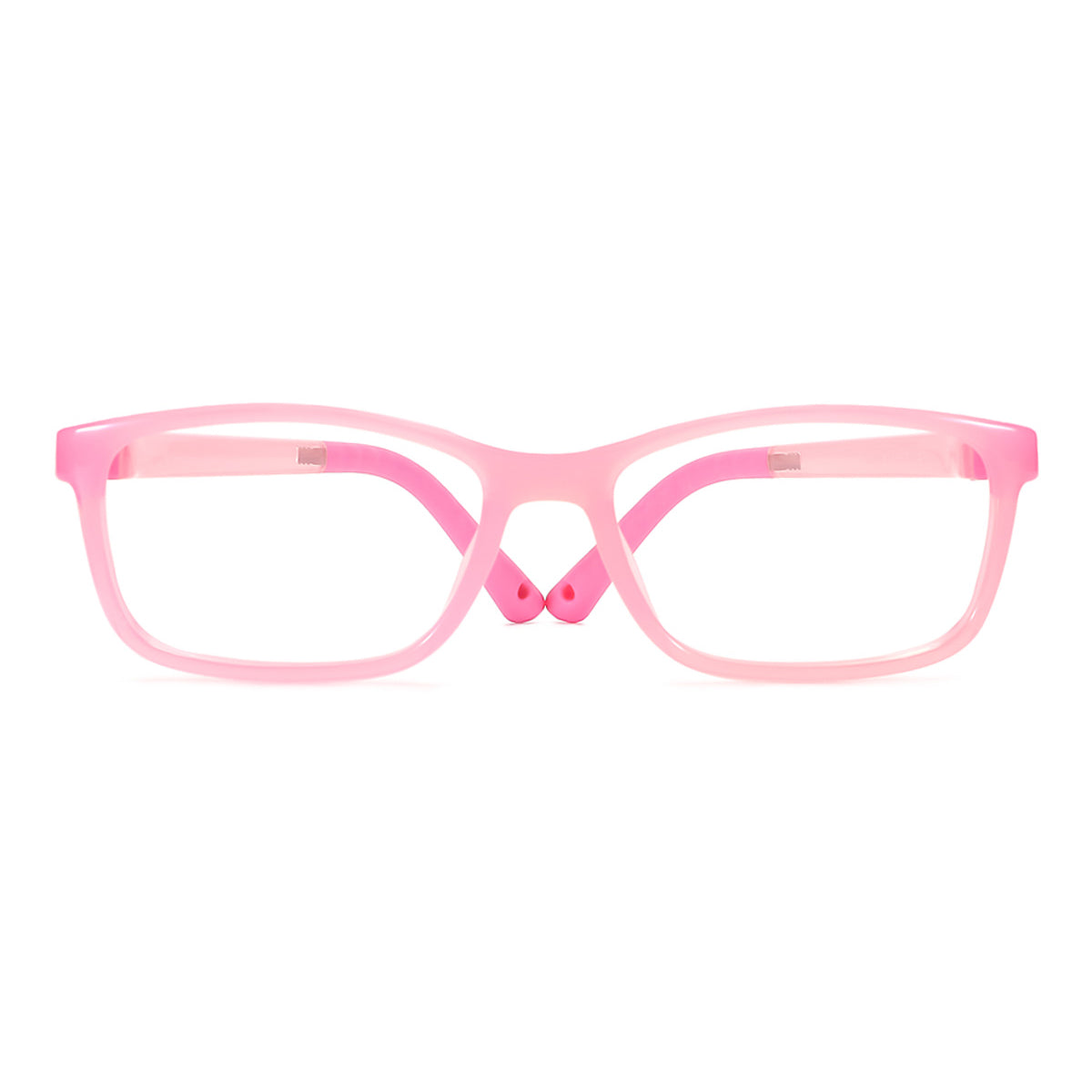 Pink eyeglasses with pink hinge detail, rectangular full-rim frames