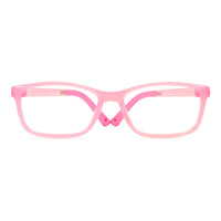 Pink eyeglasses with pink hinge detail, rectangular full-rim frames