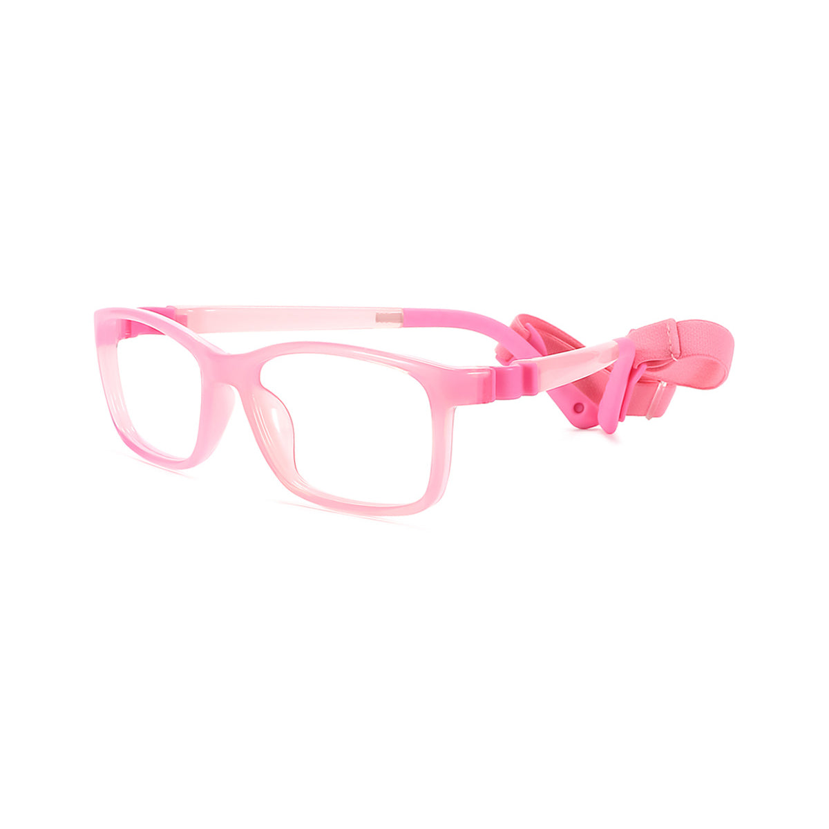 Pink eyeglasses frame with adjustable strap and bow detail