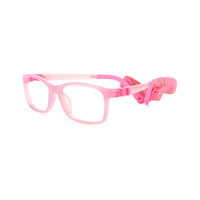 Pink eyeglasses frame with adjustable strap and bow detail