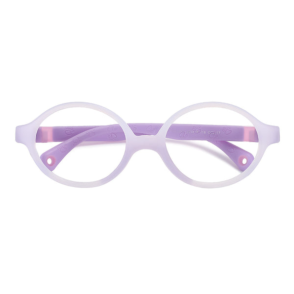 Purple translucent eyeglasses frame with round lenses and visible temple tips