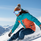 realistic image of a girl snowboarding wearing snow boarding goggles