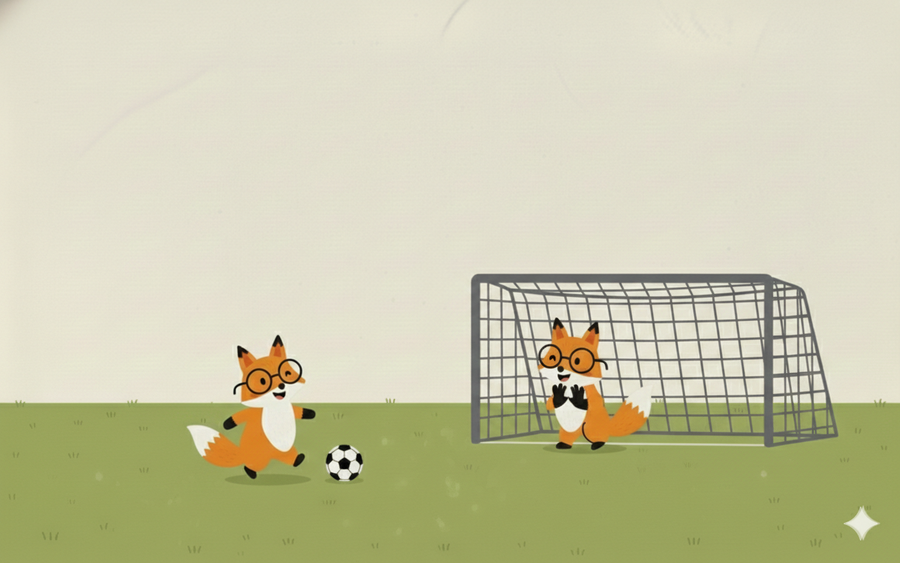 Two cartoon foxes playing soccer on a grassy field with a goal.