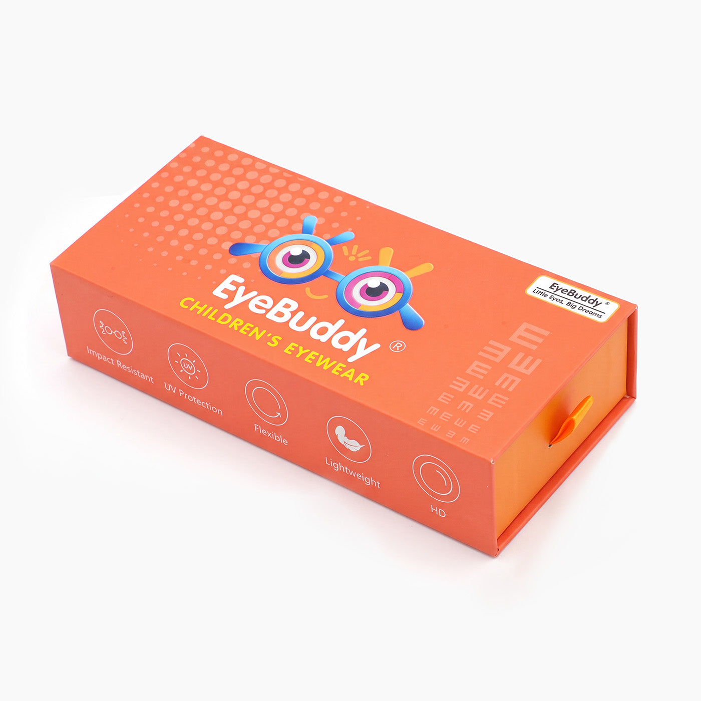 Orange hard case box for children's eyewear with printed graphics and branding